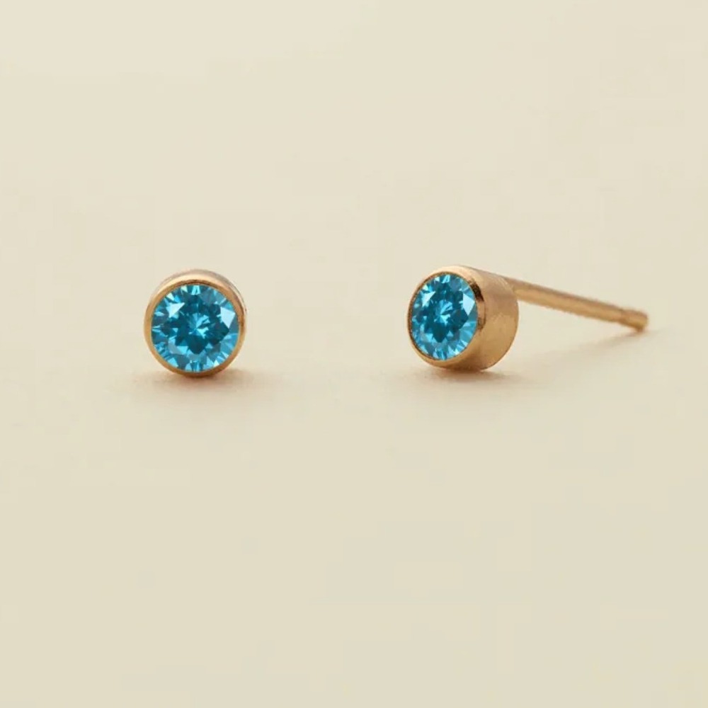 Blue Zircon Stud Earrings Gold Stainless Steel 4mm December Birthstone Bezel